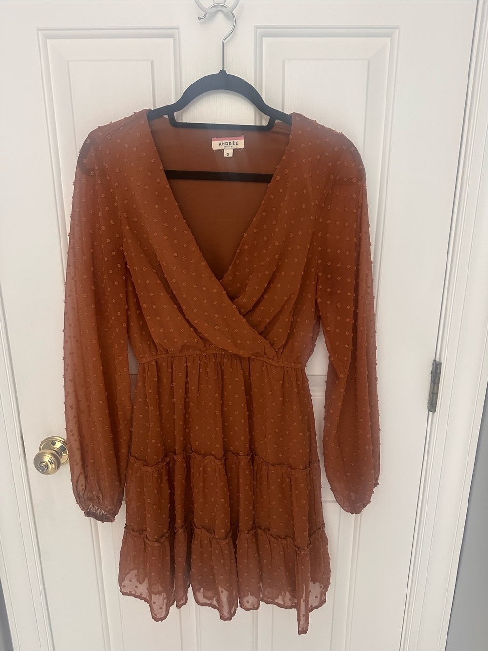 ANDREE BY UNIT Rust Brown Mini Dress with Swiss Dot Texture